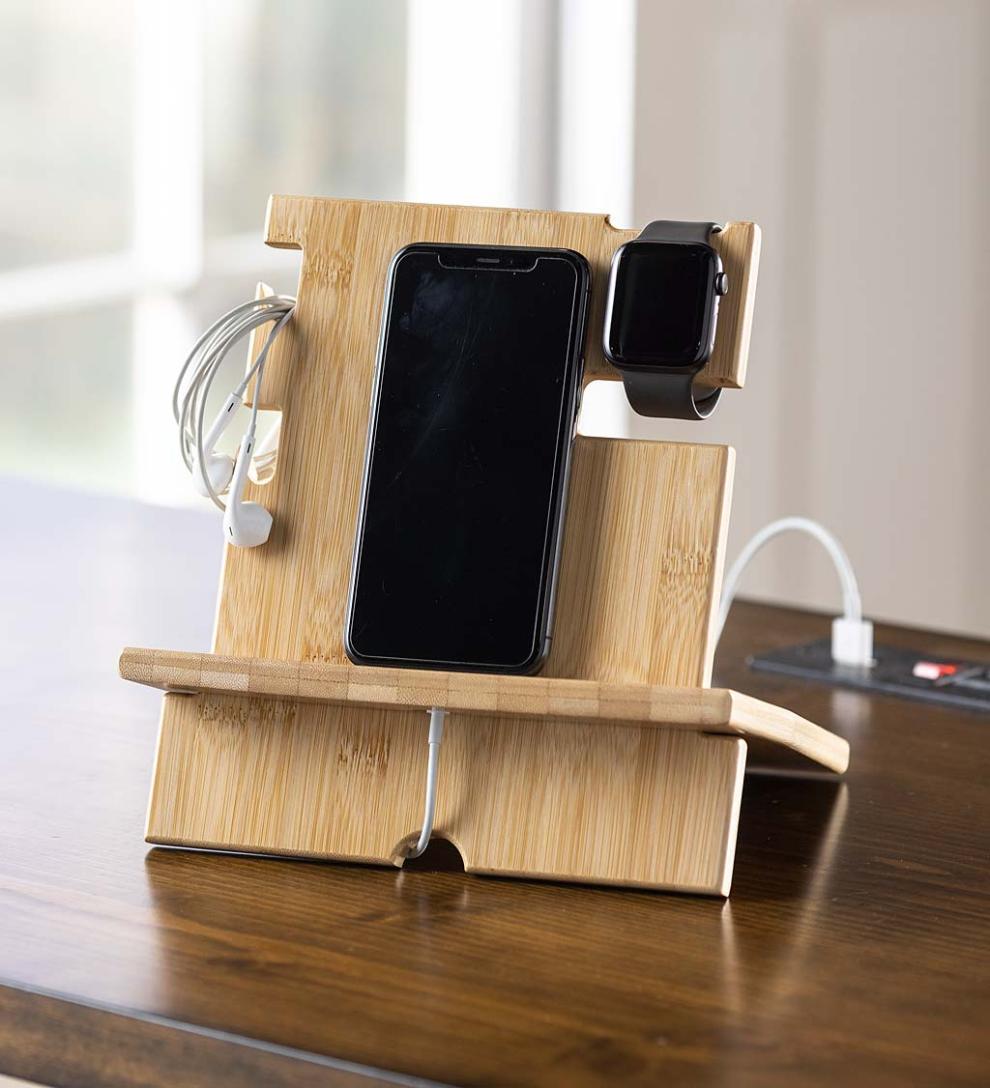 Plow & Hearth Home Office Indoor Living Wood Accessory Desk Organizer For Electronics