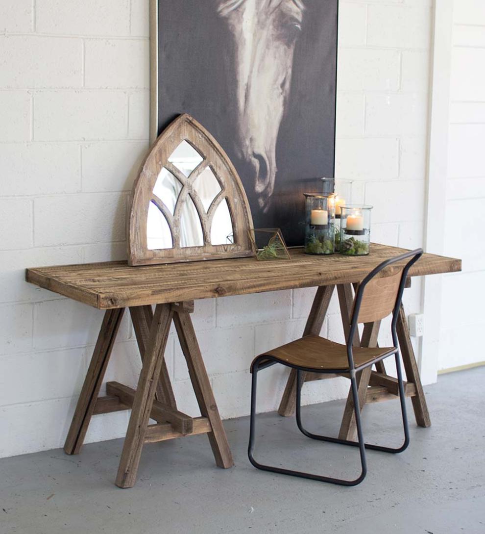 Plow & Hearth Home Office Indoor Living Wooden Console Table With Saw Horse Base