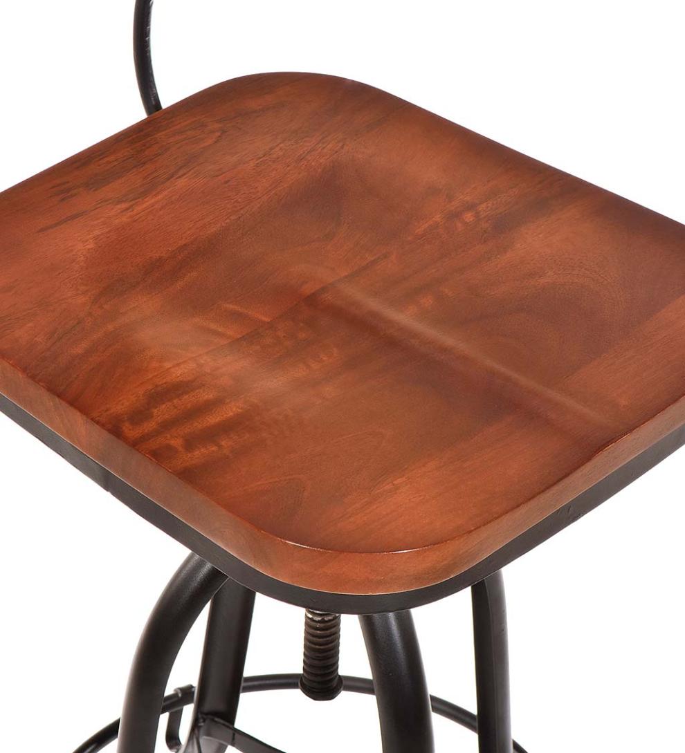 Plow & Hearth Kitchen & Bar Stools Indoor Living Deluxe Adjustable-Height Wood And Metal Stool With Back Rest - Chestnut