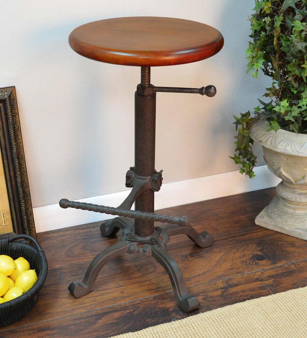 Plow & Hearth Kitchen & Bar Stools Indoor Living Industrial-Style Adjustable-Height Wood And Metal Stool - Chestnut