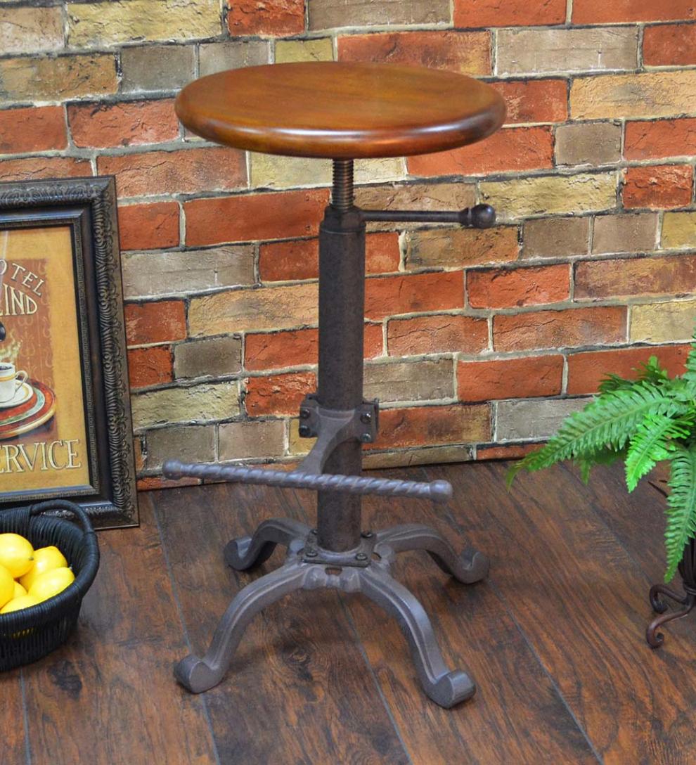 Plow & Hearth Kitchen & Bar Stools Indoor Living Industrial-Style Adjustable-Height Wood And Metal Stool - Chestnut