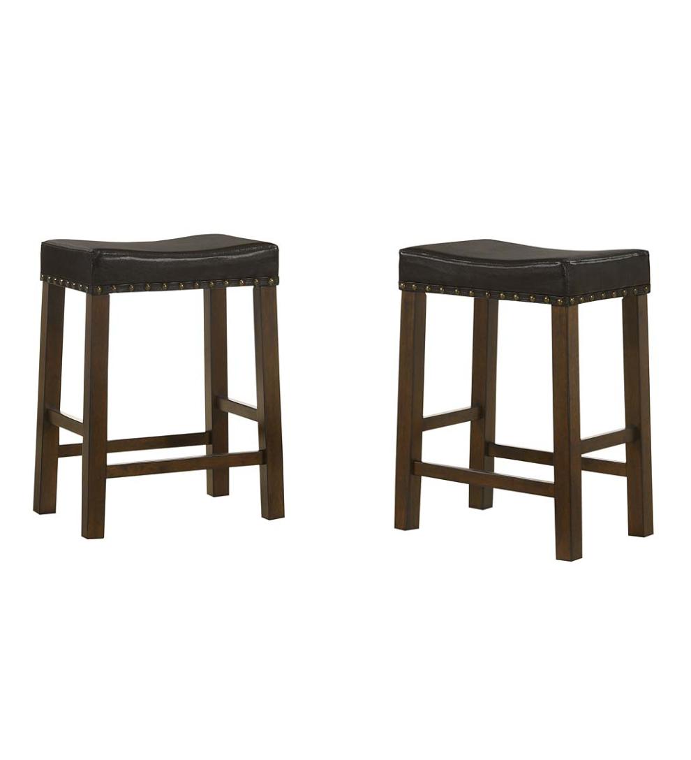 Plow & Hearth Kitchen & Bar Stools Indoor Living Upholstered Nail Head-Trim Saddle Seat Stools, Set Of 2