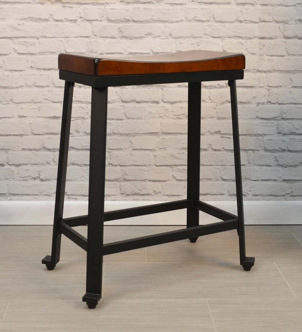 Plow & Hearth Kitchen & Bar Stools Indoor Living Wood And Metal Saddle Seat Stool - Chestnut