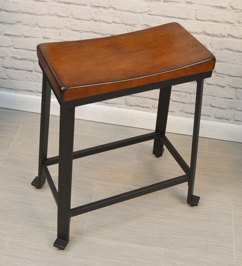 Plow & Hearth Kitchen & Bar Stools Indoor Living Wood And Metal Saddle Seat Stool - Chestnut