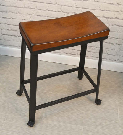 Plow & Hearth Kitchen & Bar Stools Indoor Living Wood And Metal Saddle Seat Stool - Chestnut