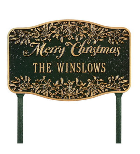 Plow & Hearth Memorial & Garden Plaques Yard & Garden American-Made Personalized Merry Christmas Yard Sign In Cast Aluminum - Green