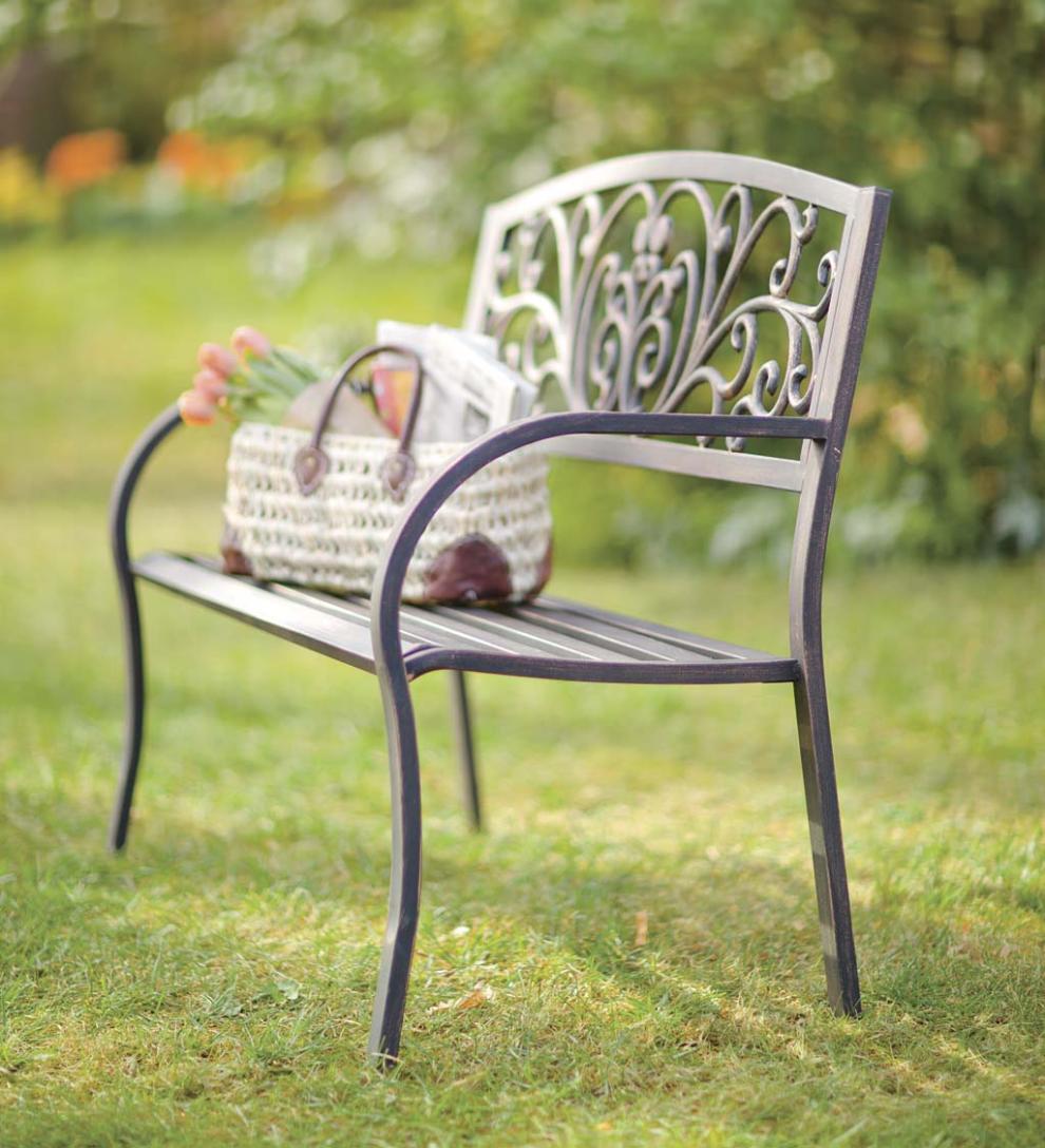 Plow & Hearth Metal Furniture Outdoor Living Blooming Garden Metal Bench