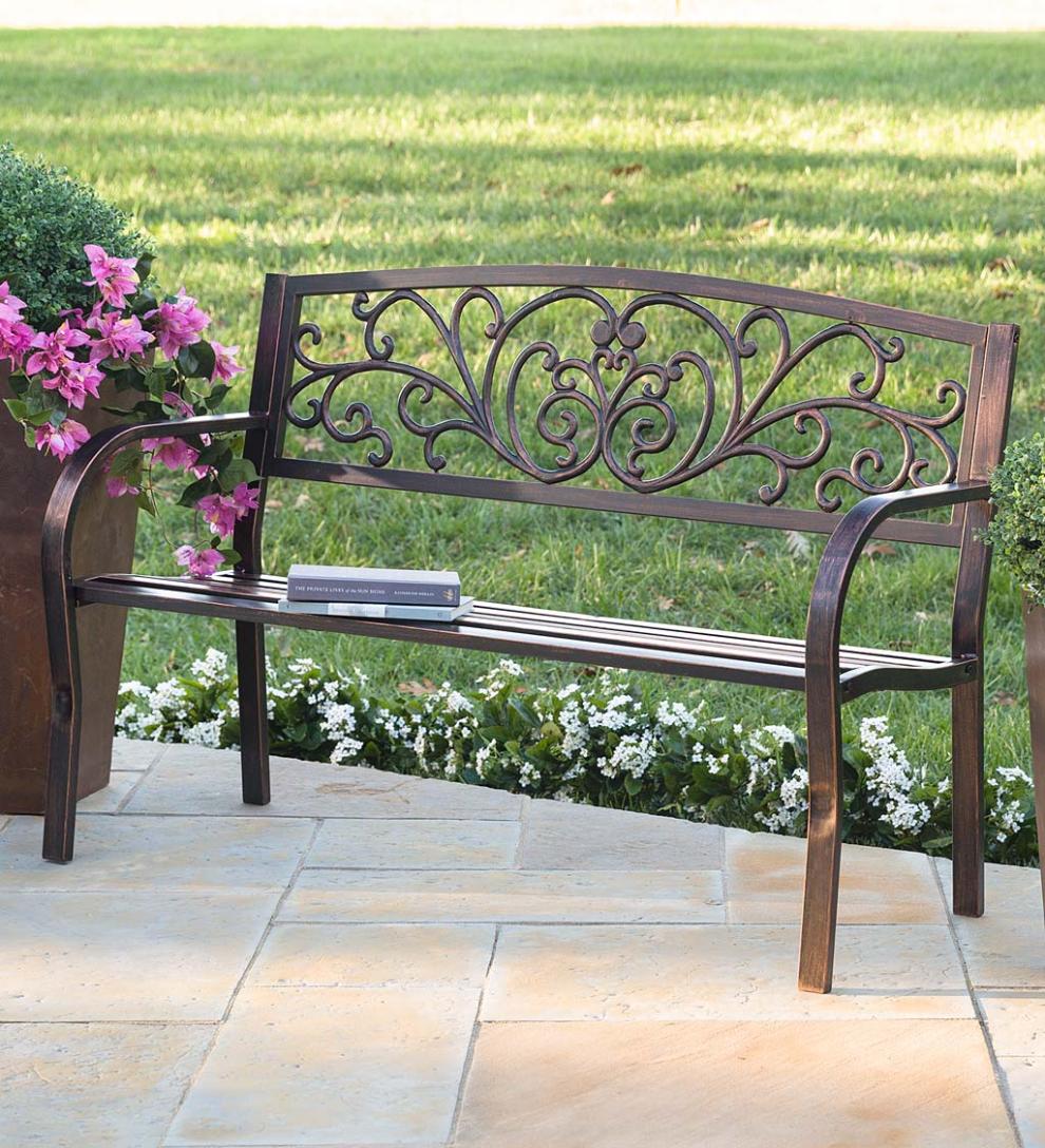 Plow & Hearth Metal Furniture Outdoor Living Blooming Garden Metal Bench