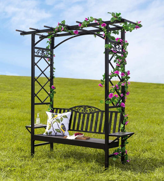 Plow & Hearth Metal Furniture Outdoor Living Cast Aluminum Arbor Bench Pergola With Side Tables - Black