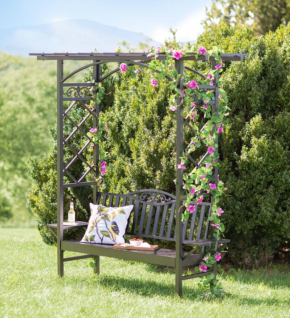 Plow & Hearth Metal Furniture Outdoor Living Cast Aluminum Arbor Bench Pergola With Side Tables - Black