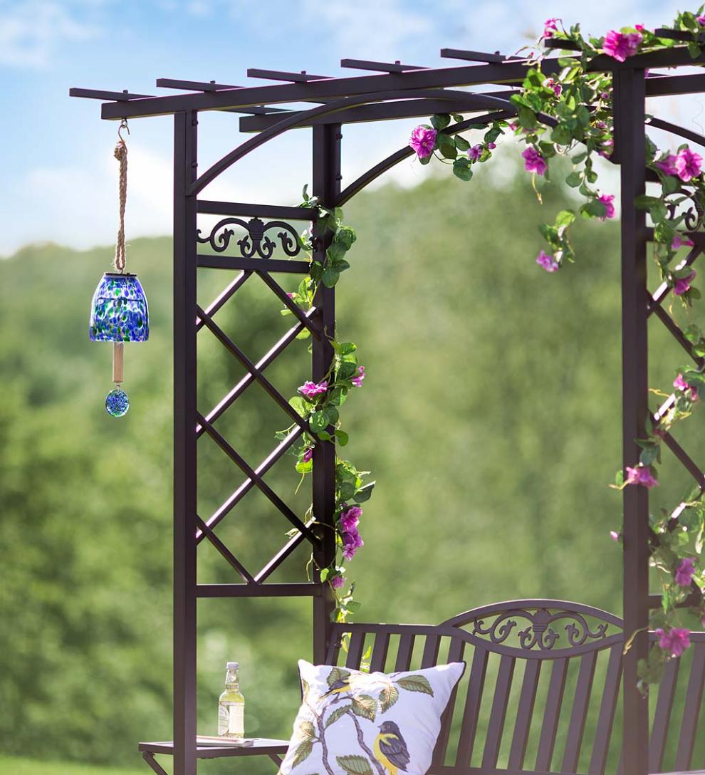 Plow & Hearth Metal Furniture Outdoor Living Cast Aluminum Arbor Bench Pergola With Side Tables - Black