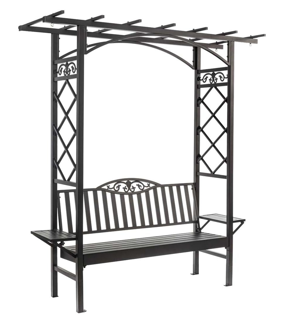 Plow & Hearth Metal Furniture Outdoor Living Cast Aluminum Arbor Bench Pergola With Side Tables - Black