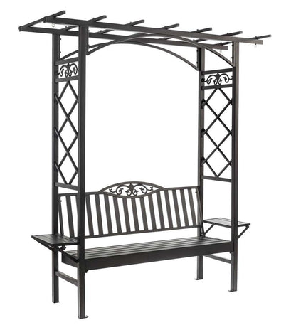 Plow & Hearth Metal Furniture Outdoor Living Cast Aluminum Arbor Bench Pergola With Side Tables - Black
