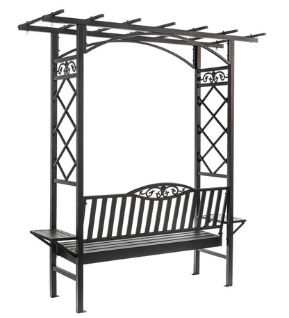 Plow & Hearth Metal Furniture Outdoor Living Cast Aluminum Arbor Bench Pergola With Side Tables - Black