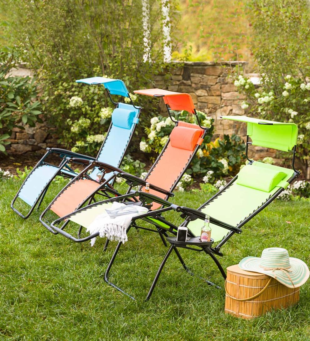 Plow & Hearth Metal Furniture Outdoor Living Deluxe Zero Gravity Chair With Awning, Table And Drink Holder - Check