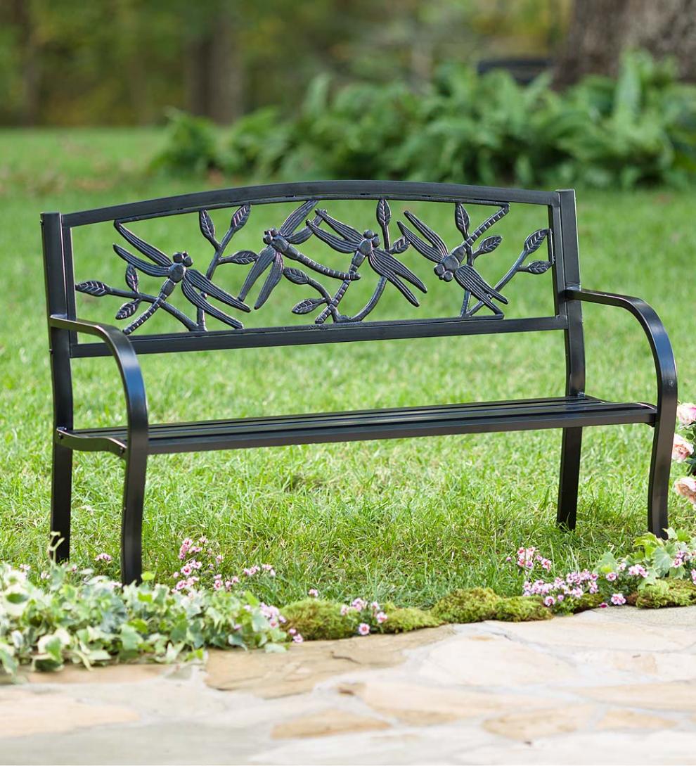 Plow & Hearth Metal Furniture Outdoor Living Dragonfly Metal Garden Bench - Black