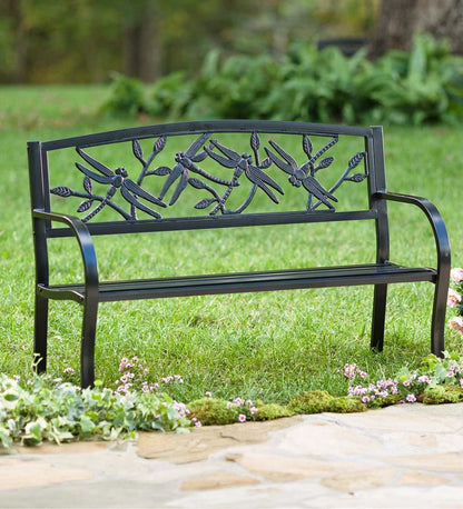 Plow & Hearth Metal Furniture Outdoor Living Dragonfly Metal Garden Bench - Black