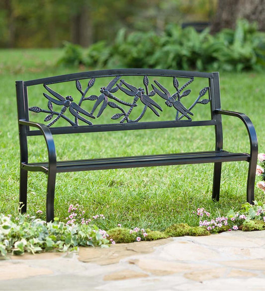 Plow & Hearth Metal Furniture Outdoor Living Dragonfly Metal Garden Bench - Black
