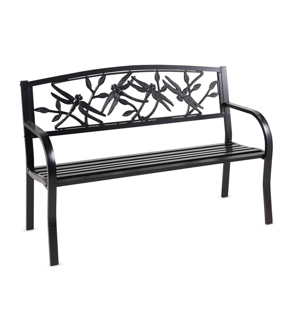Plow & Hearth Metal Furniture Outdoor Living Dragonfly Metal Garden Bench - Black