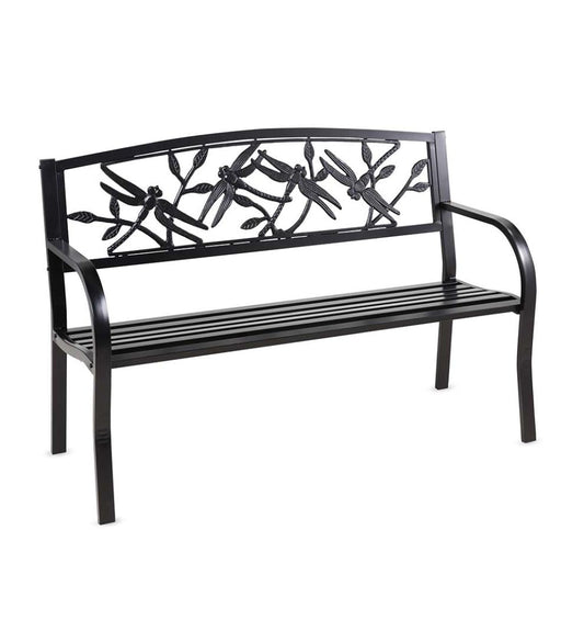 Plow & Hearth Metal Furniture Outdoor Living Dragonfly Metal Garden Bench - Black