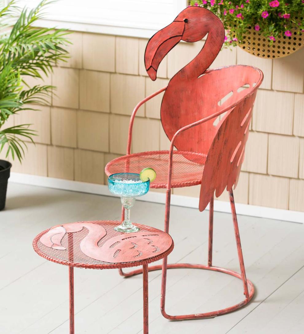 Plow & Hearth Metal Furniture Outdoor Living Flamingo Chair And Side Table Set