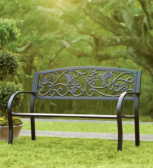 Plow & Hearth Metal Furniture Outdoor Living Hummingbird Metal Garden Bench - Black