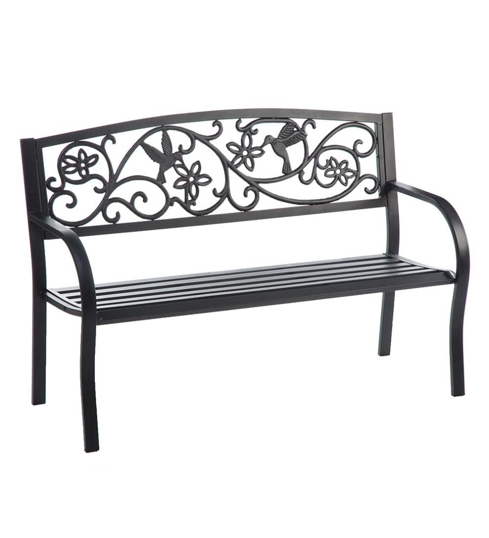 Plow & Hearth Metal Furniture Outdoor Living Hummingbird Metal Garden Bench - Black