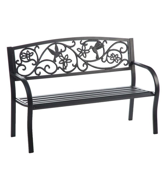 Plow & Hearth Metal Furniture Outdoor Living Hummingbird Metal Garden Bench - Black