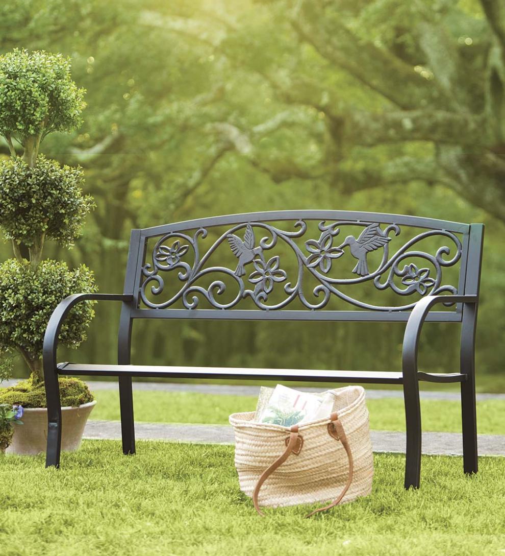 Plow & Hearth Metal Furniture Outdoor Living Hummingbird Metal Garden Bench - Black