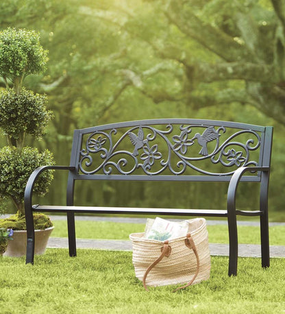 Plow & Hearth Metal Furniture Outdoor Living Hummingbird Metal Garden Bench - Black