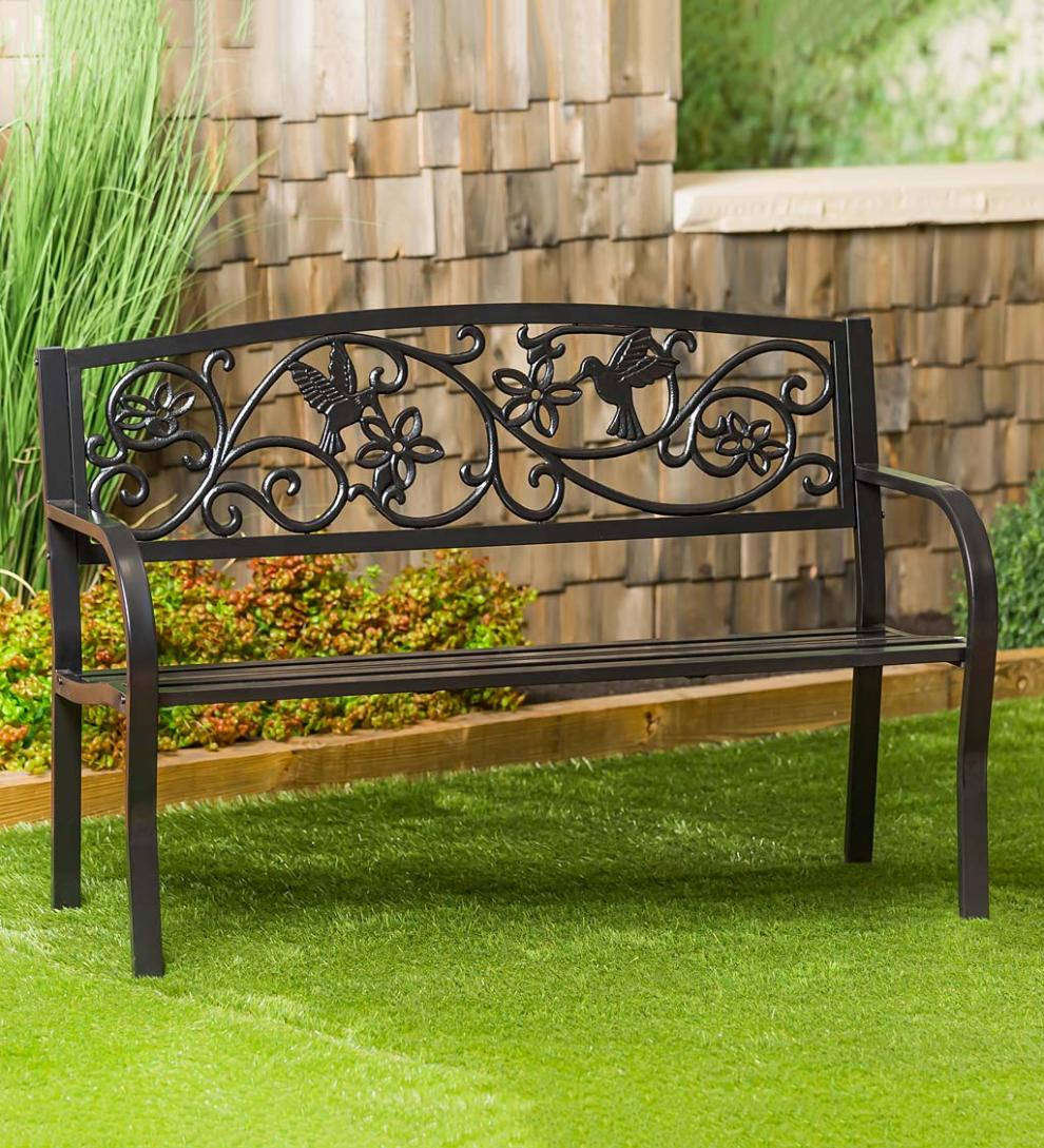 Plow & Hearth Metal Furniture Outdoor Living Hummingbird Metal Garden Bench - Black