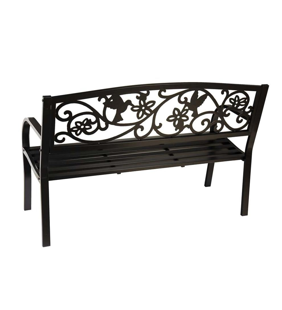 Plow & Hearth Metal Furniture Outdoor Living Hummingbird Metal Garden Bench - Black