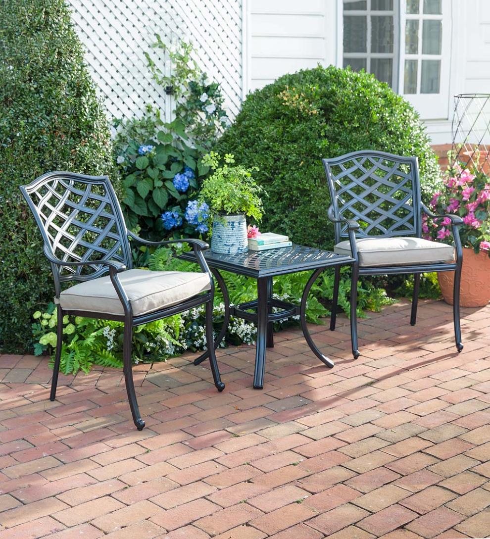 Plow & Hearth Metal Furniture Outdoor Living Park Grove Cast Aluminum Outdoor 3-Piece Seating Set With Cushions