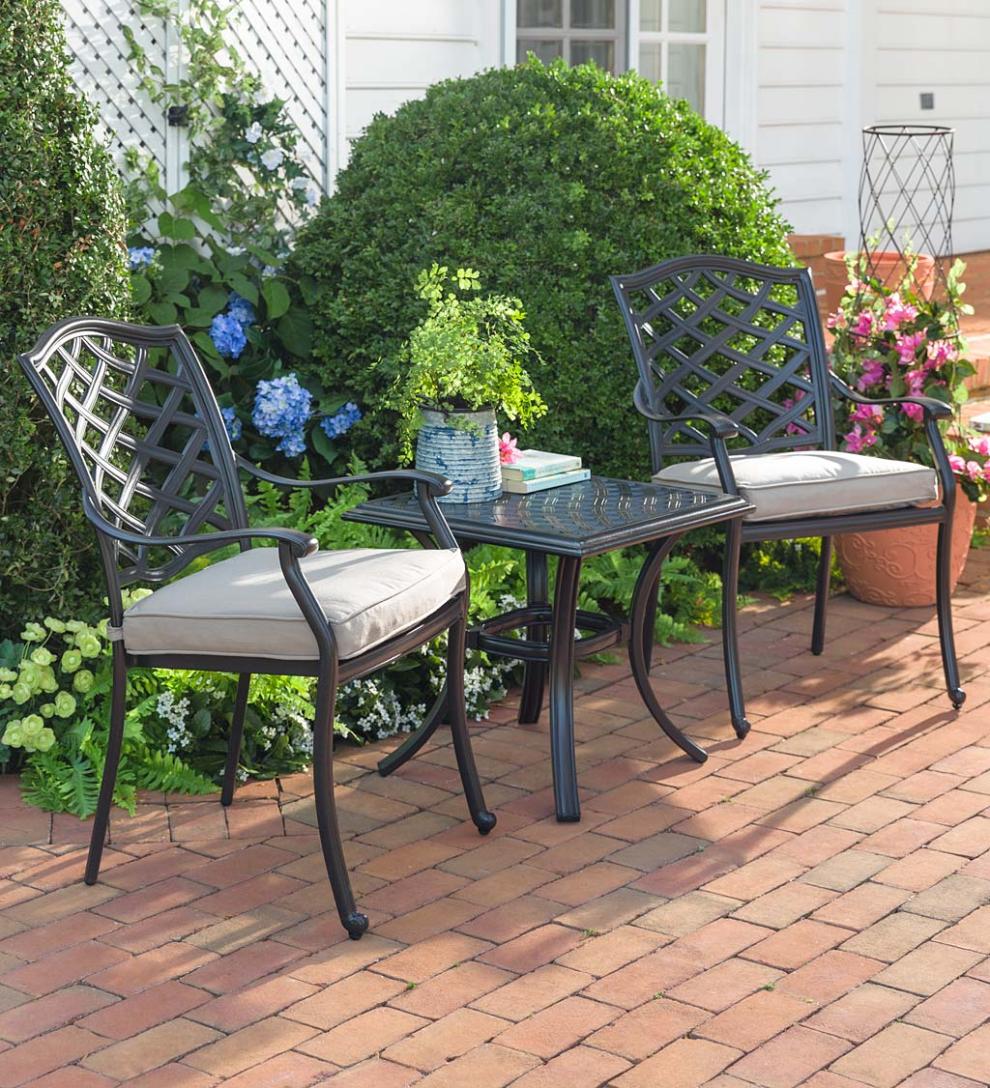 Plow & Hearth Metal Furniture Outdoor Living Park Grove Cast Aluminum Outdoor 3-Piece Seating Set With Cushions