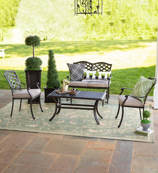 Plow & Hearth Metal Furniture Outdoor Living Park Grove Cast Aluminum Outdoor 4-Piece Seating Set With Cushions