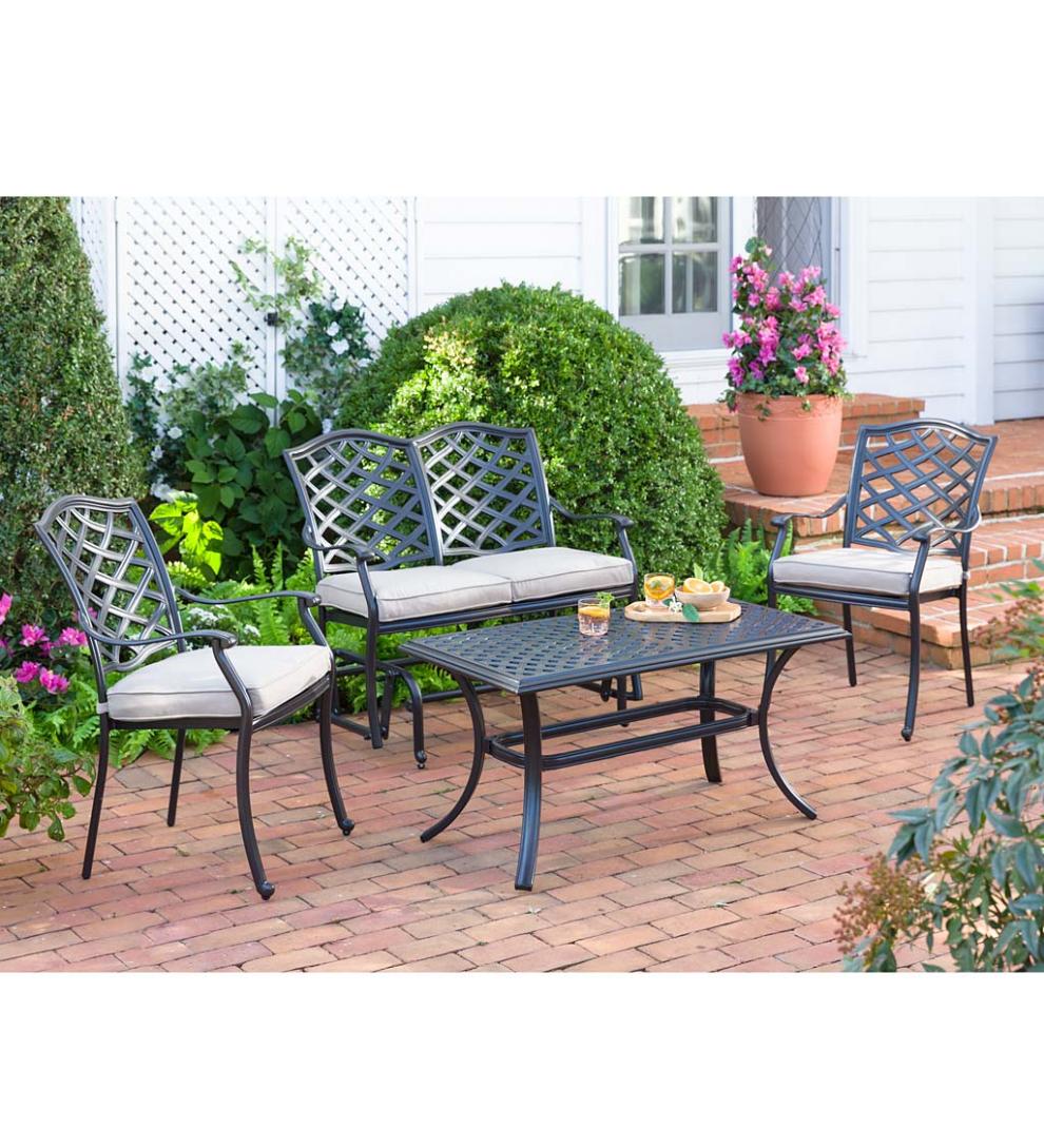 Plow & Hearth Metal Furniture Outdoor Living Park Grove Cast Aluminum Outdoor 4-Piece Seating Set With Cushions