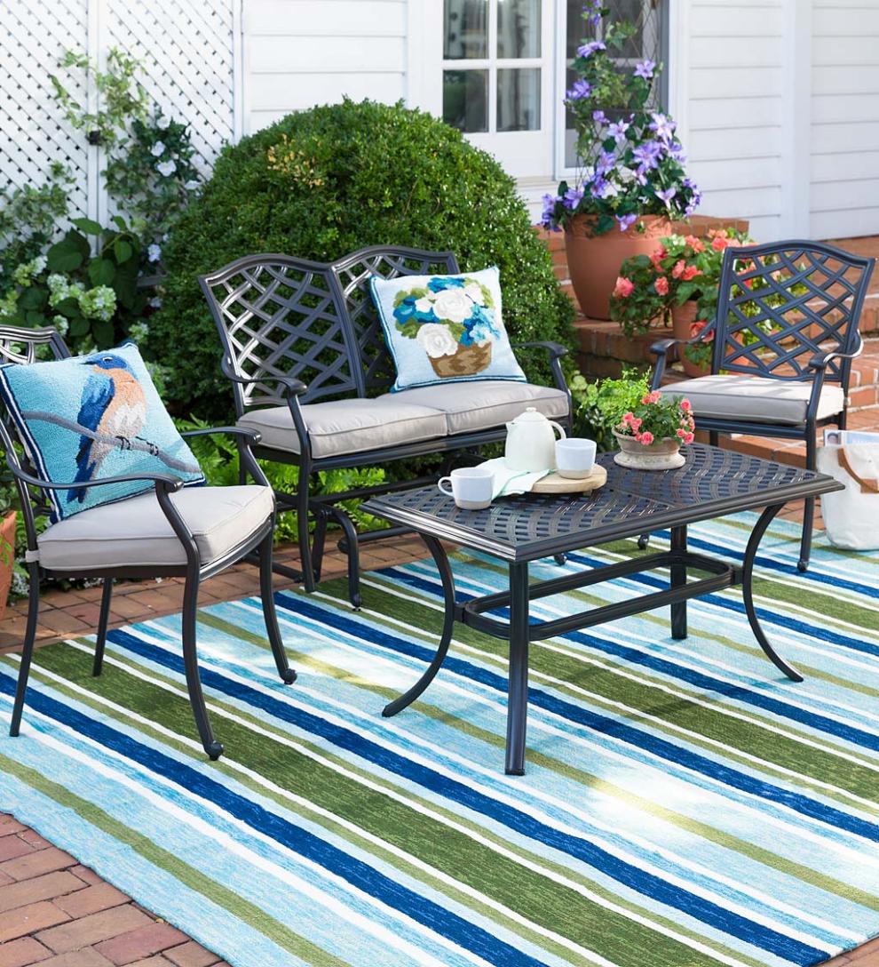 Plow & Hearth Metal Furniture Outdoor Living Park Grove Cast Aluminum Outdoor 4-Piece Seating Set With Cushions
