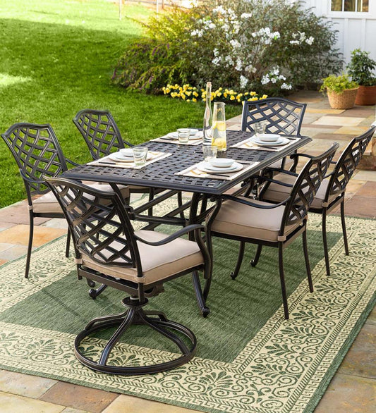 Plow & Hearth Metal Furniture Outdoor Living Park Grove Cast Aluminum Outdoor 7-Piece Dining Set With Cushions