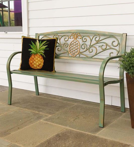 Plow & Hearth Metal Furniture Outdoor Living Pineapple Metal Garden Bench - Verdigris