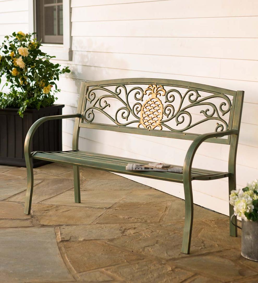 Plow & Hearth Metal Furniture Outdoor Living Pineapple Metal Garden Bench - Verdigris