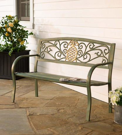Plow & Hearth Metal Furniture Outdoor Living Pineapple Metal Garden Bench - Verdigris