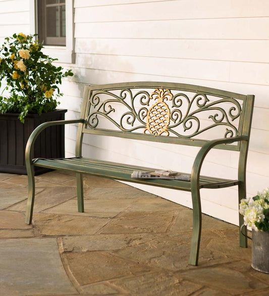 Plow & Hearth Metal Furniture Outdoor Living Pineapple Metal Garden Bench - Verdigris