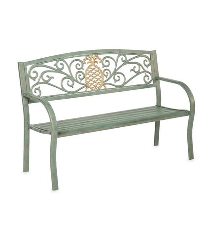 Plow & Hearth Metal Furniture Outdoor Living Pineapple Metal Garden Bench - Verdigris