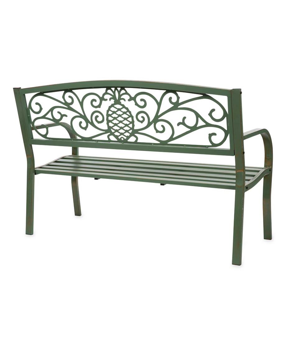 Plow & Hearth Metal Furniture Outdoor Living Pineapple Metal Garden Bench - Verdigris
