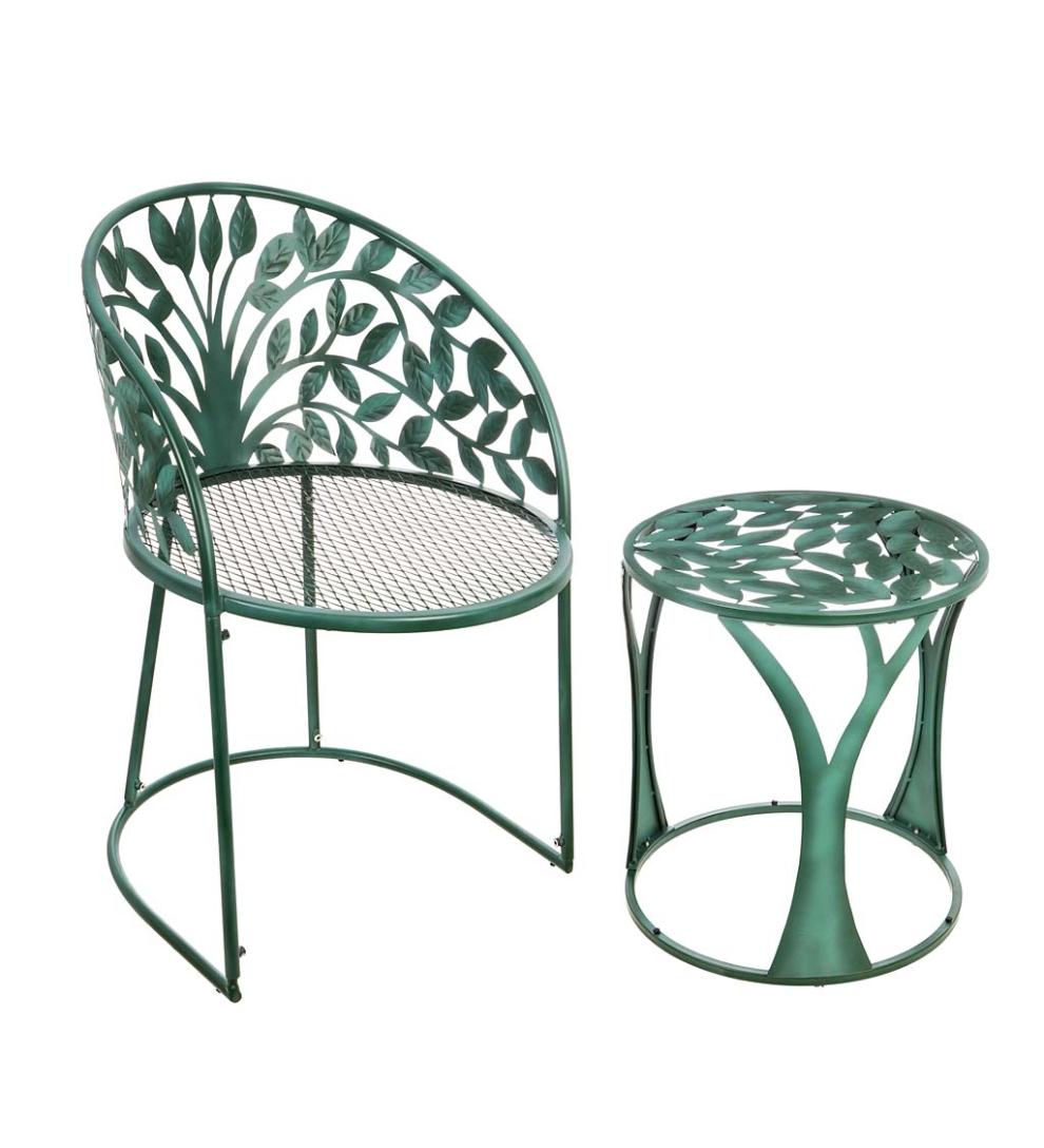 Plow & Hearth Metal Furniture Outdoor Living Tree Of Life Metal Garden Chair With Side Table, 2-Piece Set