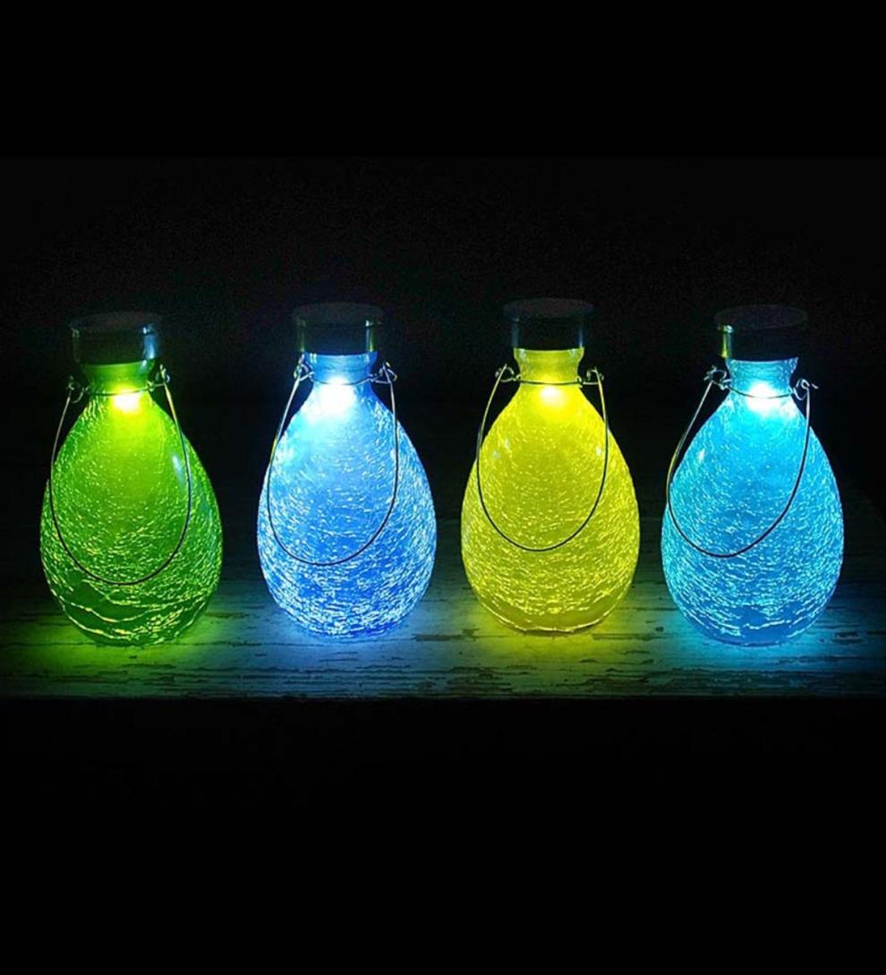 Plow & Hearth Outdoor Lamps & Lighting Outdoor Living Crackled Glass Teardrop Solar Lantern - Blue