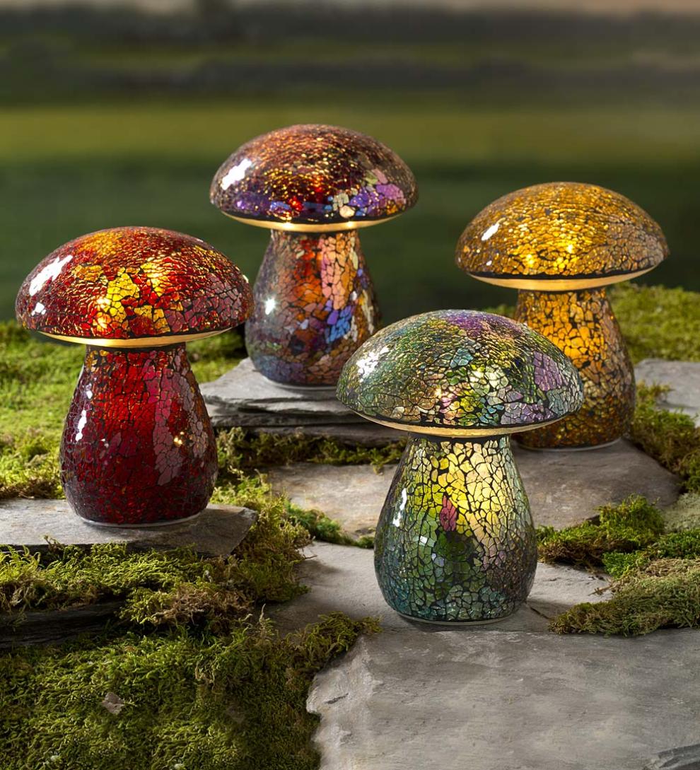 Plow & Hearth Outdoor Lamps & Lighting Outdoor Living Glass Mosaic Mushroom Lawn Ornament - Amber