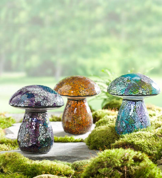 Plow & Hearth Outdoor Lamps & Lighting Outdoor Living Glass Mosaic Mushroom Lawn Ornament - Amber