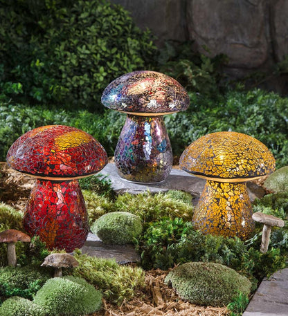Plow & Hearth Outdoor Lamps & Lighting Outdoor Living Glass Mosaic Mushroom Lawn Ornament - Amber
