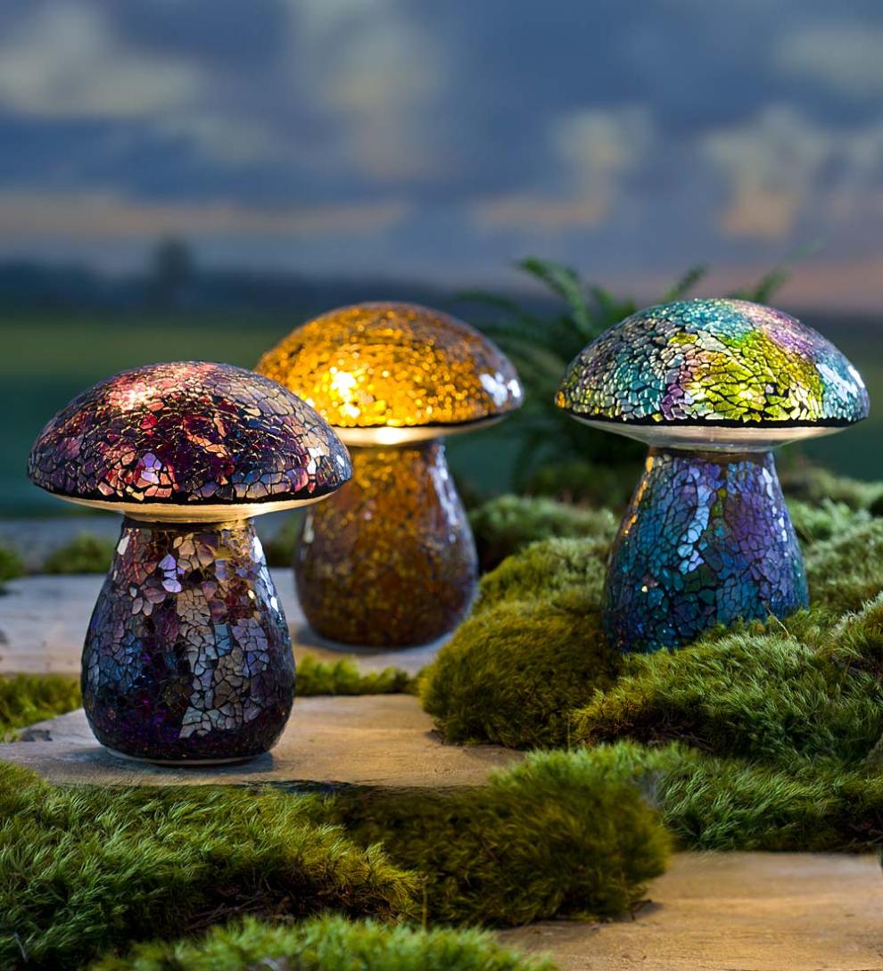 Plow & Hearth Outdoor Lamps & Lighting Outdoor Living Glass Mosaic Mushroom Lawn Ornament - Amber